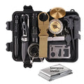 Black stainless steel survival treasure box open to show 13 emergency tools including flashlight, compass, and survival blanket