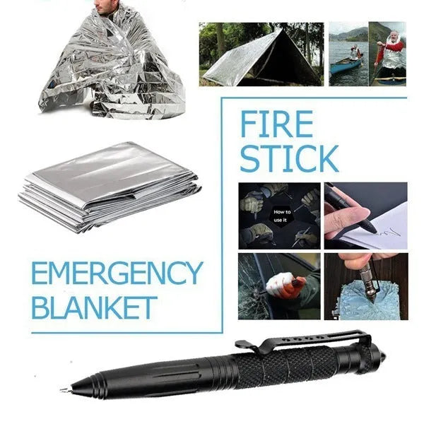 Black stainless steel survival treasure box open to show 13 emergency tools including flashlight, compass, and survival blanket