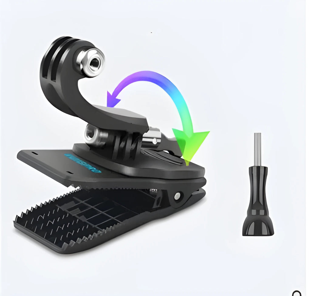 Silver and black 360-degree rotating backpack clip mount for GoPro and action cameras on a strap.