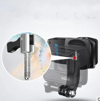 Silver and black 360-degree rotating backpack clip mount for GoPro and action cameras on a strap.