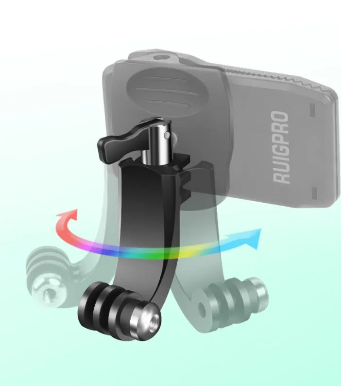 Silver and black 360-degree rotating backpack clip mount for GoPro and action cameras on a strap.