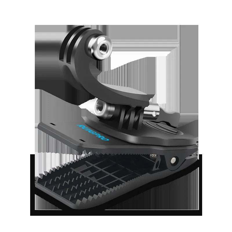 Silver and black 360-degree rotating backpack clip mount for GoPro and action cameras on a strap.