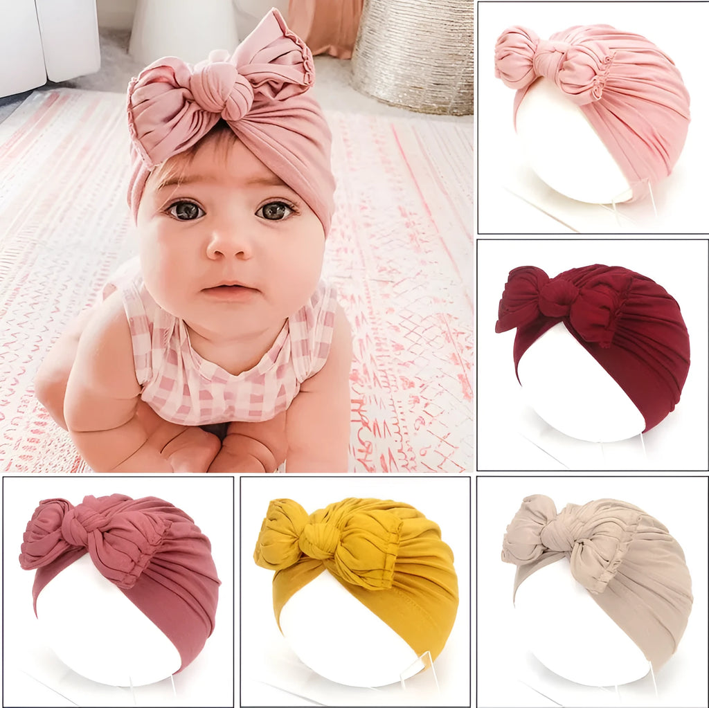 Soft knitted acrylic baby girl turban hat in candy colour for 0-28 months