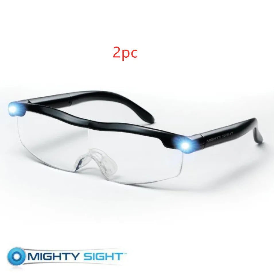 Transparent black USB LED light reading glasses on a desk