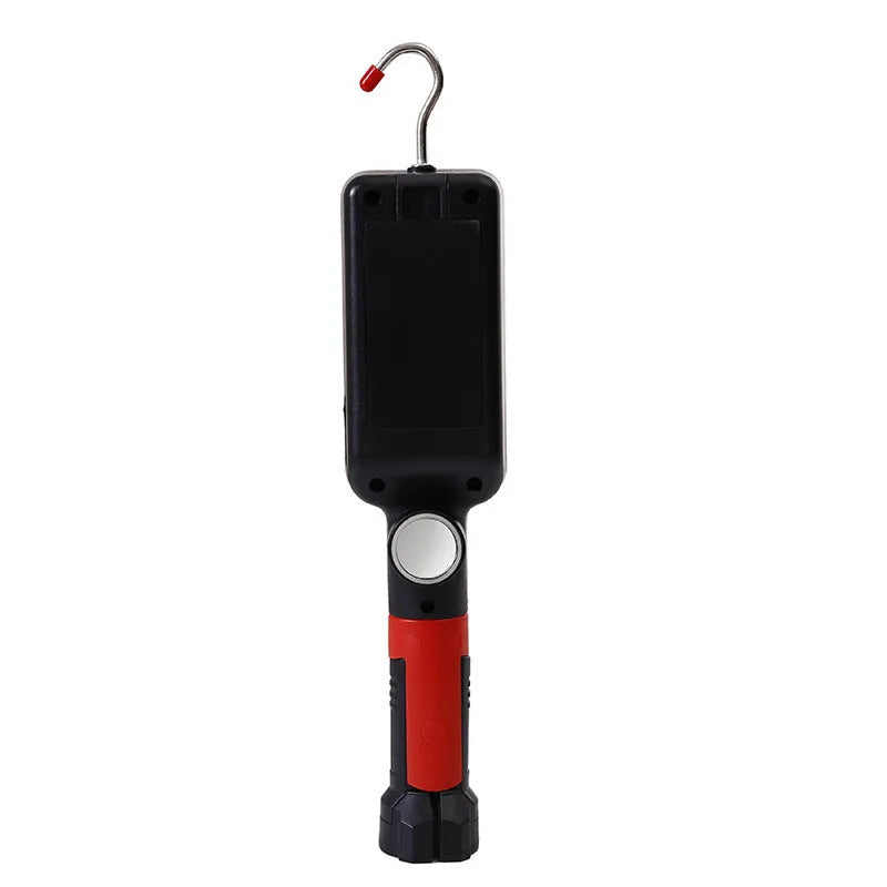 Red portable COB LED work light with magnet hook showing 28.8cm length and USB charging port