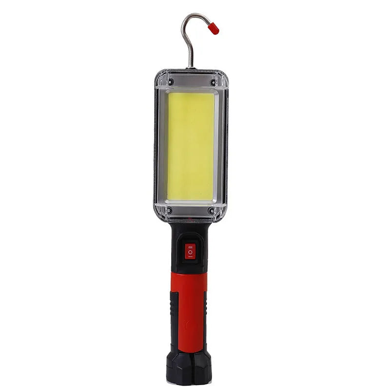 Red portable COB LED work light with magnet hook showing 28.8cm length and USB charging port