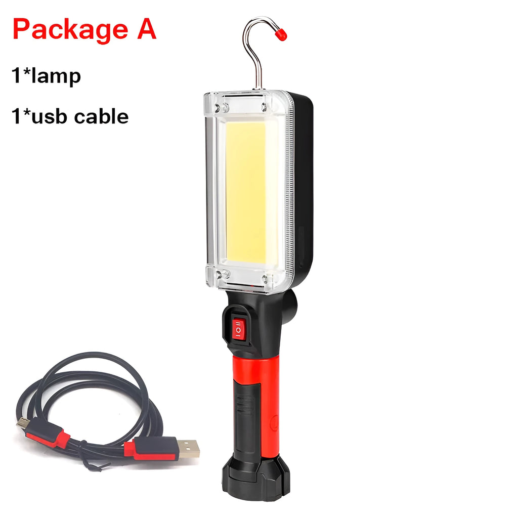 Red portable COB LED work light with magnet hook showing 28.8cm length and USB charging port