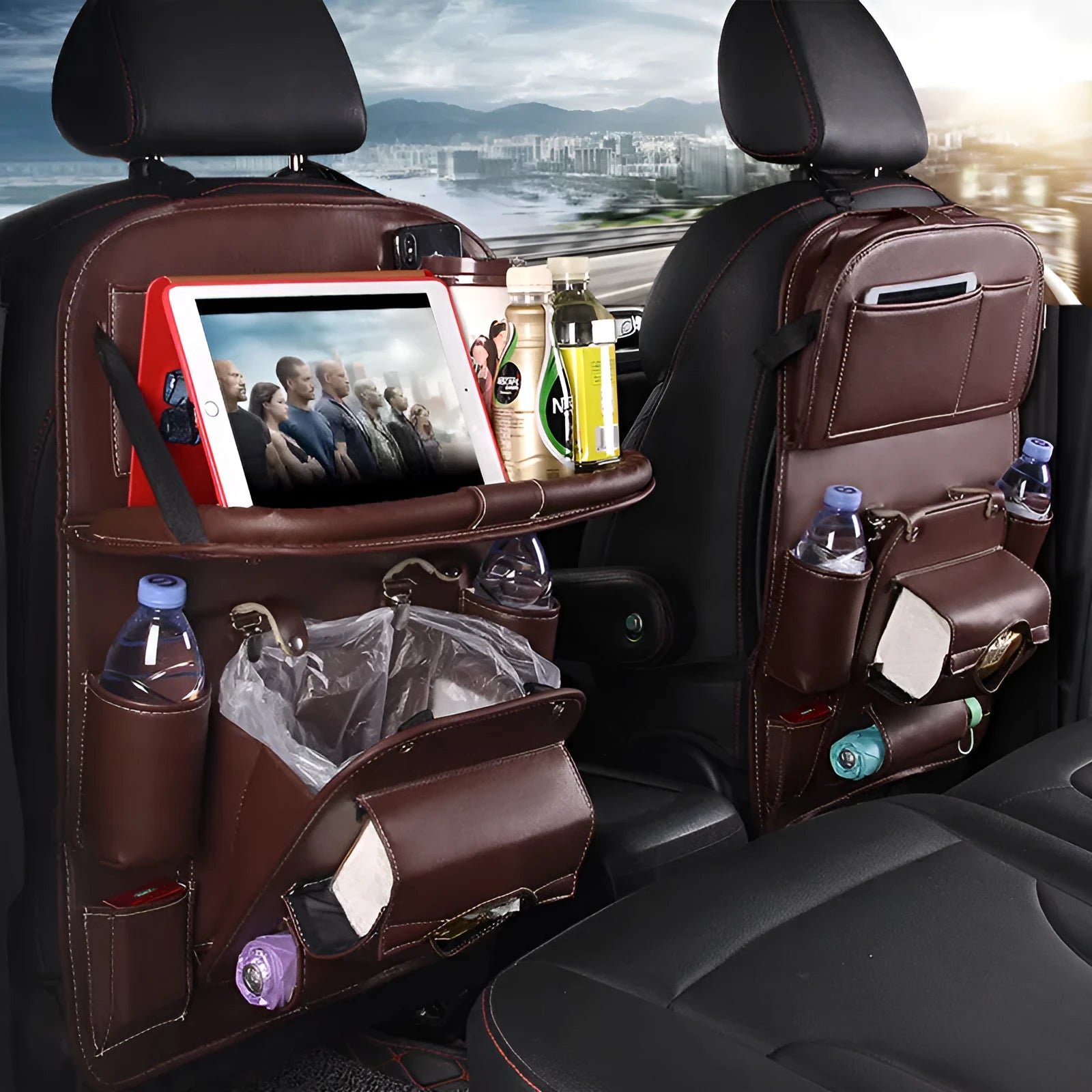 PU leather car storage bag hanging on seat back with multiple pockets and built-in trash can
