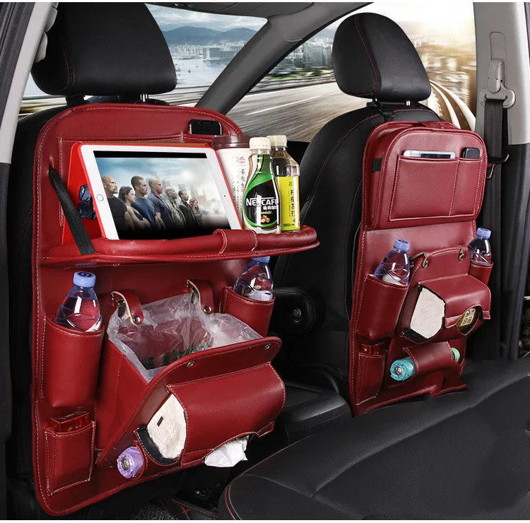 PU leather car storage bag hanging on seat back with multiple pockets and built-in trash can