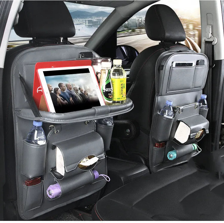 PU leather car storage bag hanging on seat back with multiple pockets and built-in trash can
