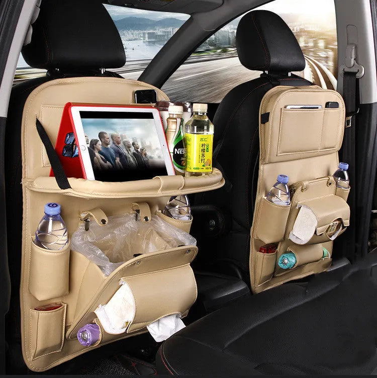 PU leather car storage bag hanging on seat back with multiple pockets and built-in trash can