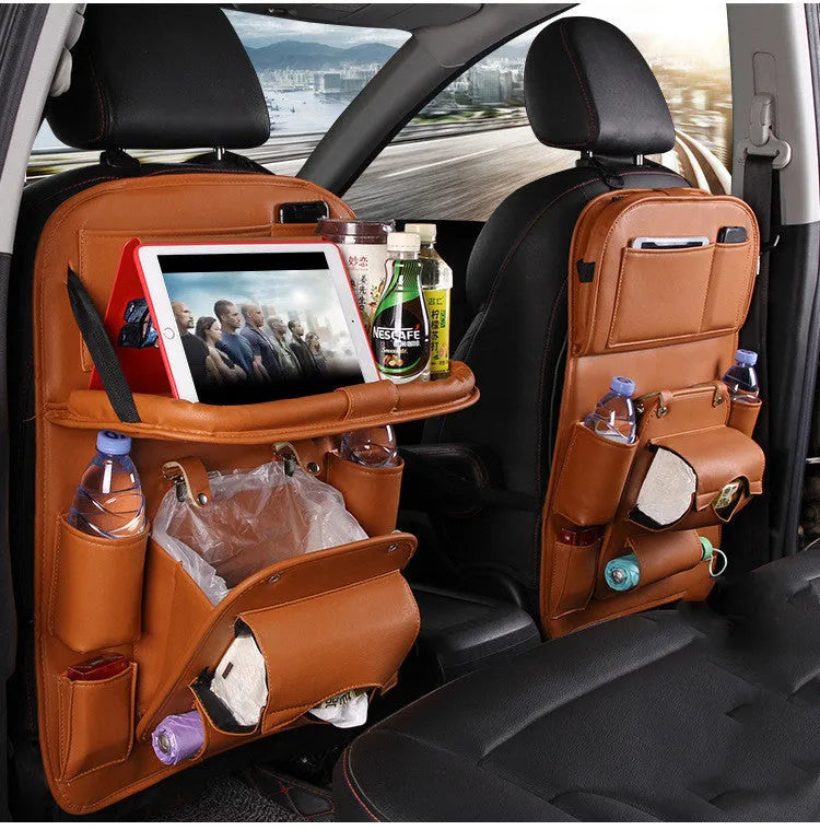 PU leather car storage bag hanging on seat back with multiple pockets and built-in trash can