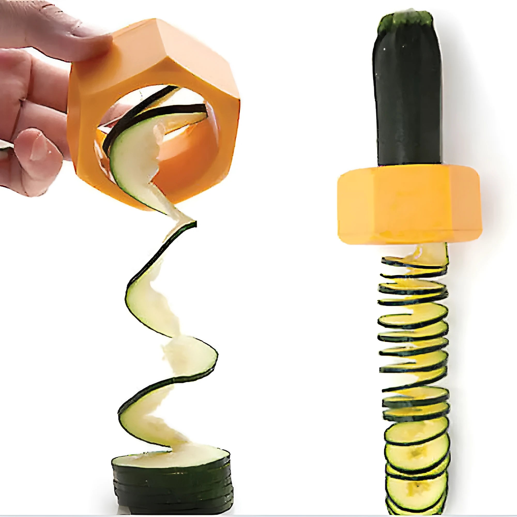 Yellow and green manual spiral vegetable cutter with stainless steel blades for cucumber carrot preparation