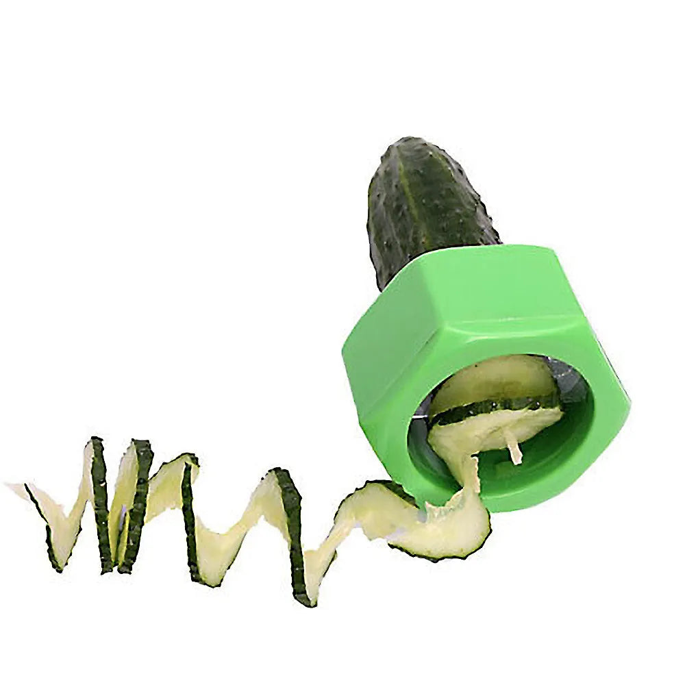 Yellow and green manual spiral vegetable cutter with stainless steel blades for cucumber carrot preparation