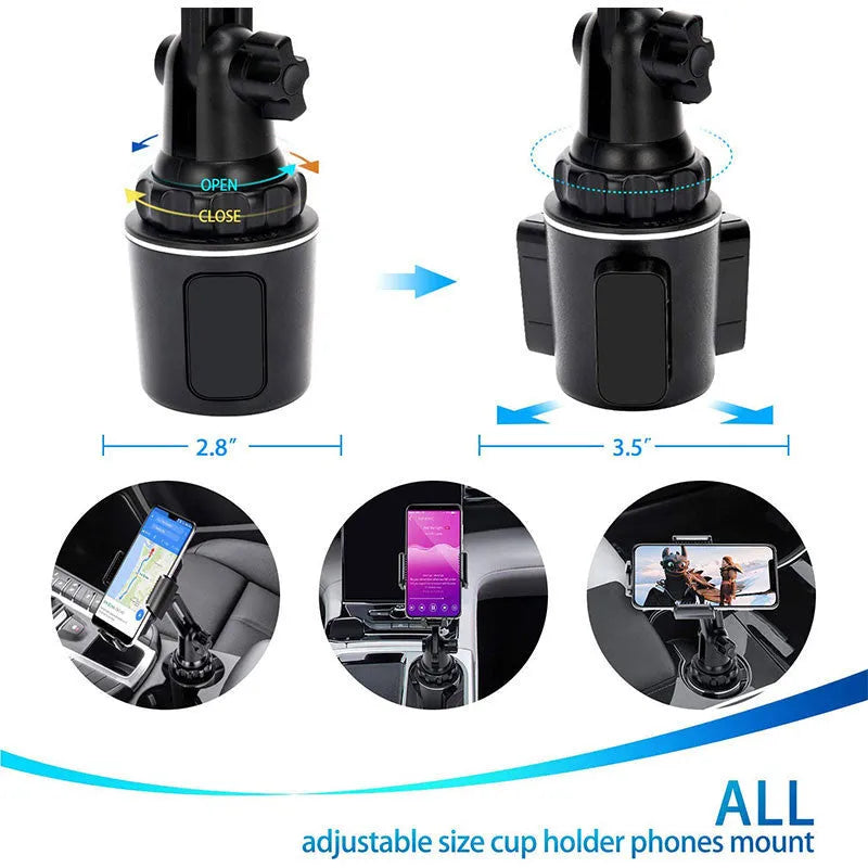 Black ABS car phone holder with 360-degree rotation and adjustable height