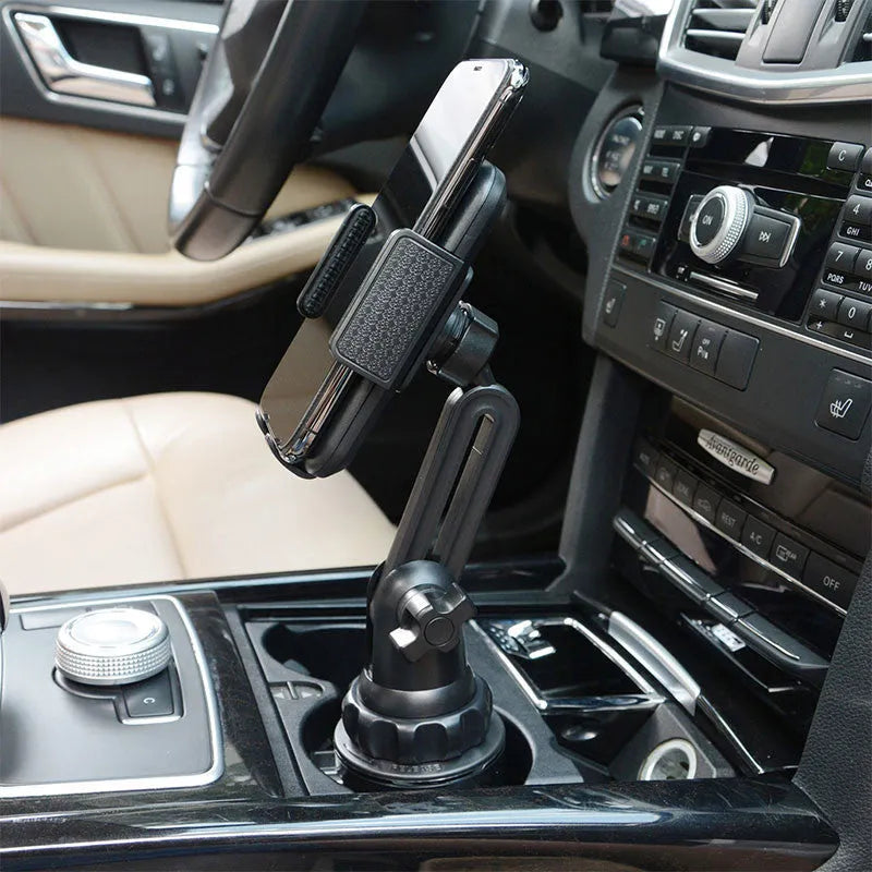Black ABS car phone holder with 360-degree rotation and adjustable height