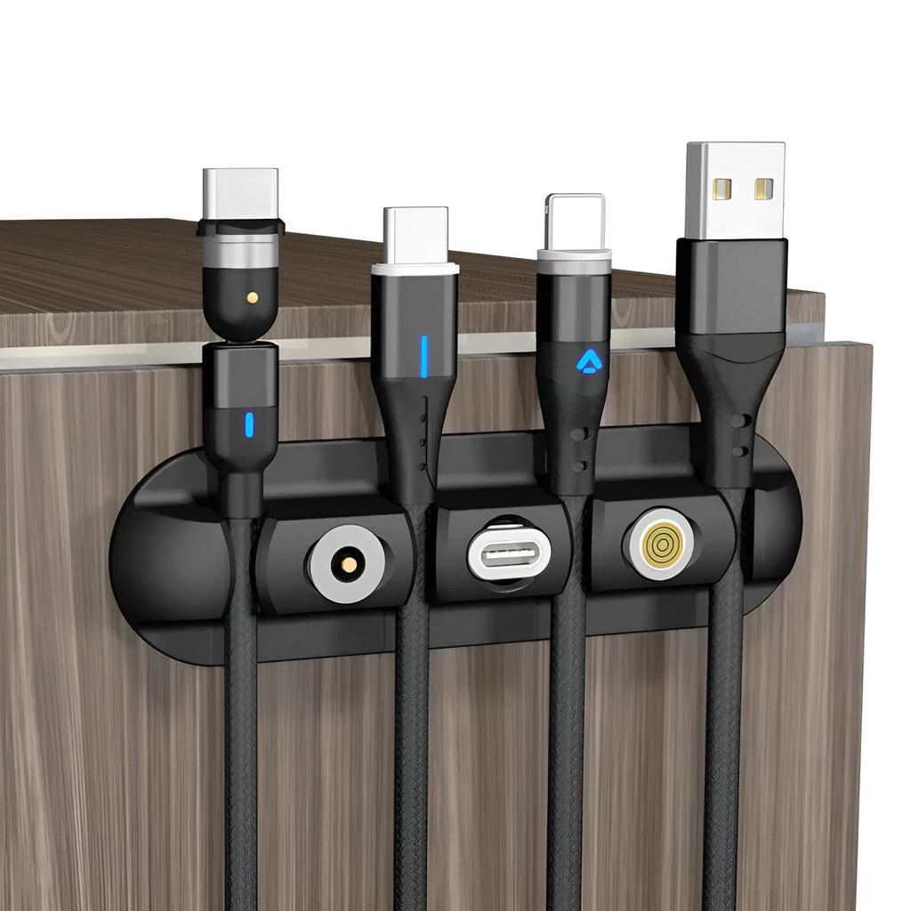 Black soft plastic desktop magnetic cable organiser for charging station