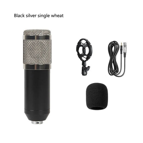 Black BM800 large diaphragm condenser microphone mounted on cantilever bracket with shock frame and pop filter