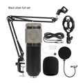 Black BM800 large diaphragm condenser microphone mounted on cantilever bracket with shock frame and pop filter