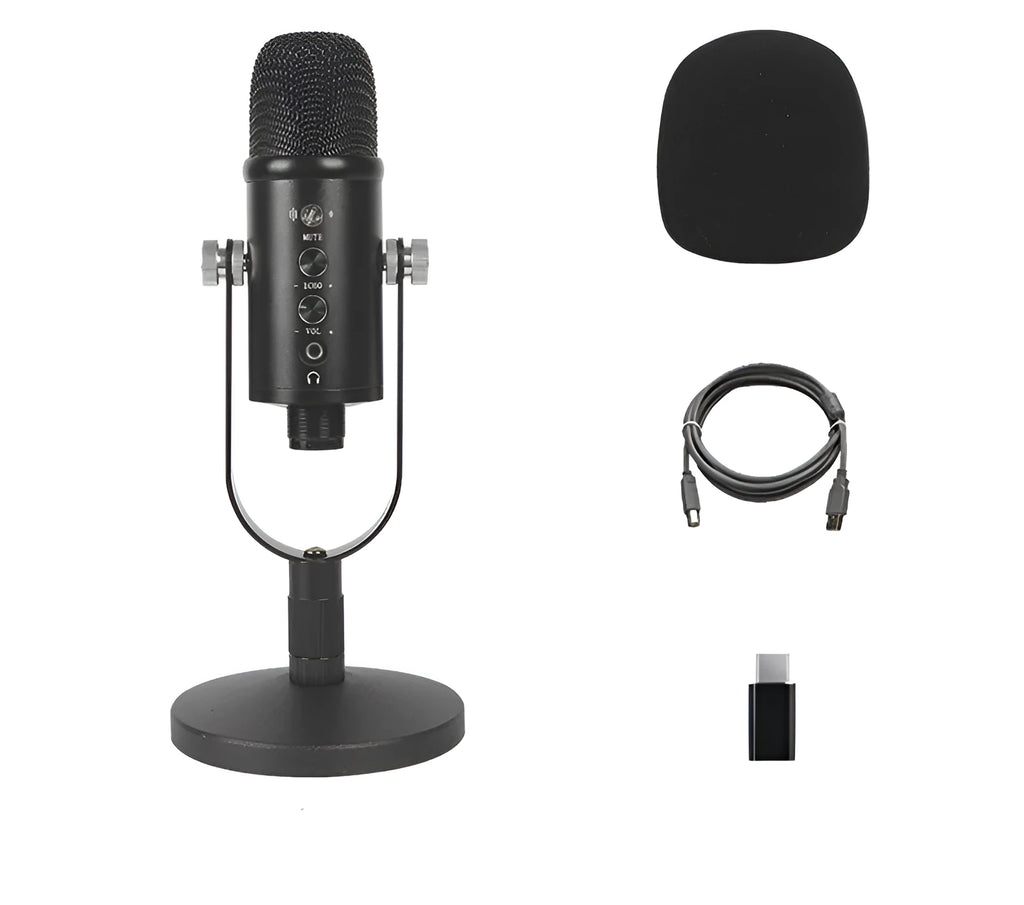 Black BM-86PRO USB condenser microphone on a metal base with sponge cover