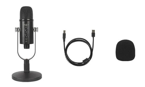 Black BM-86PRO USB condenser microphone on a metal base with sponge cover
