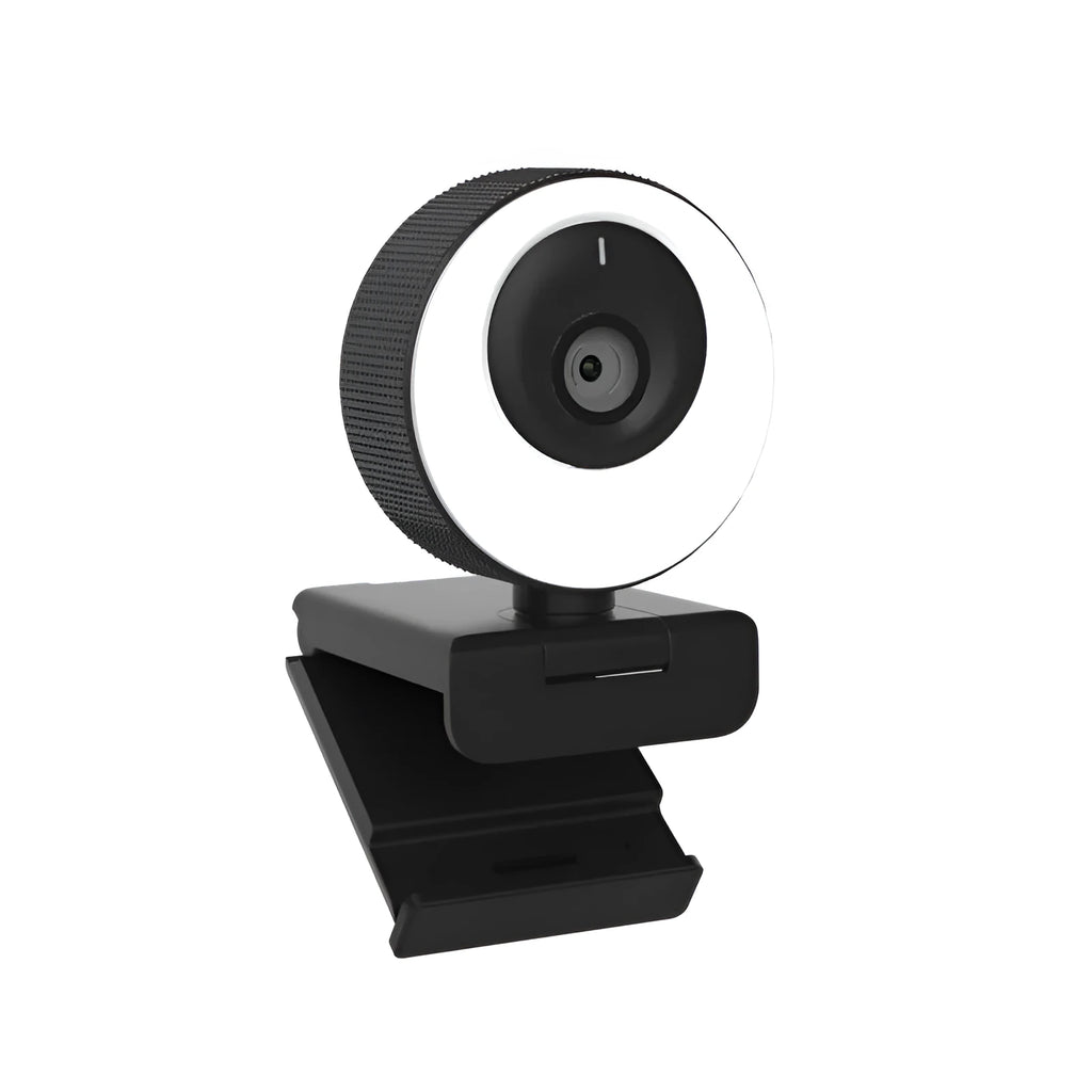 Black 1080p USB webcam with built-in microphone and magnetic privacy cover on a computer monitor.