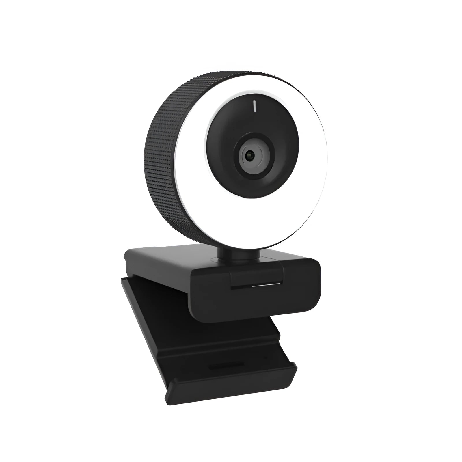 Black 1080p USB webcam with built-in microphone and magnetic privacy cover on a computer monitor.