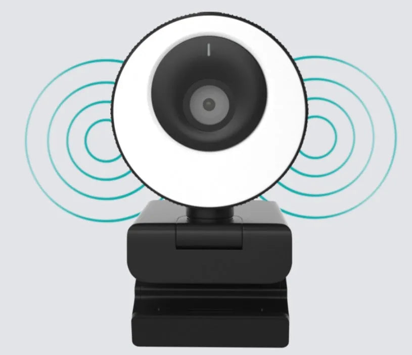 Black 1080p USB webcam with built-in microphone and magnetic privacy cover on a computer monitor.
