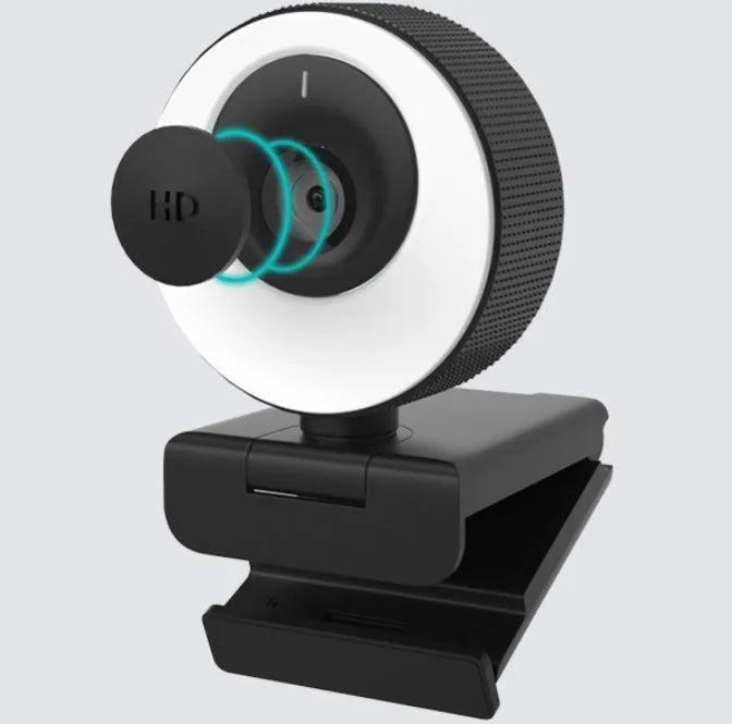 Black 1080p USB webcam with built-in microphone and magnetic privacy cover on a computer monitor.