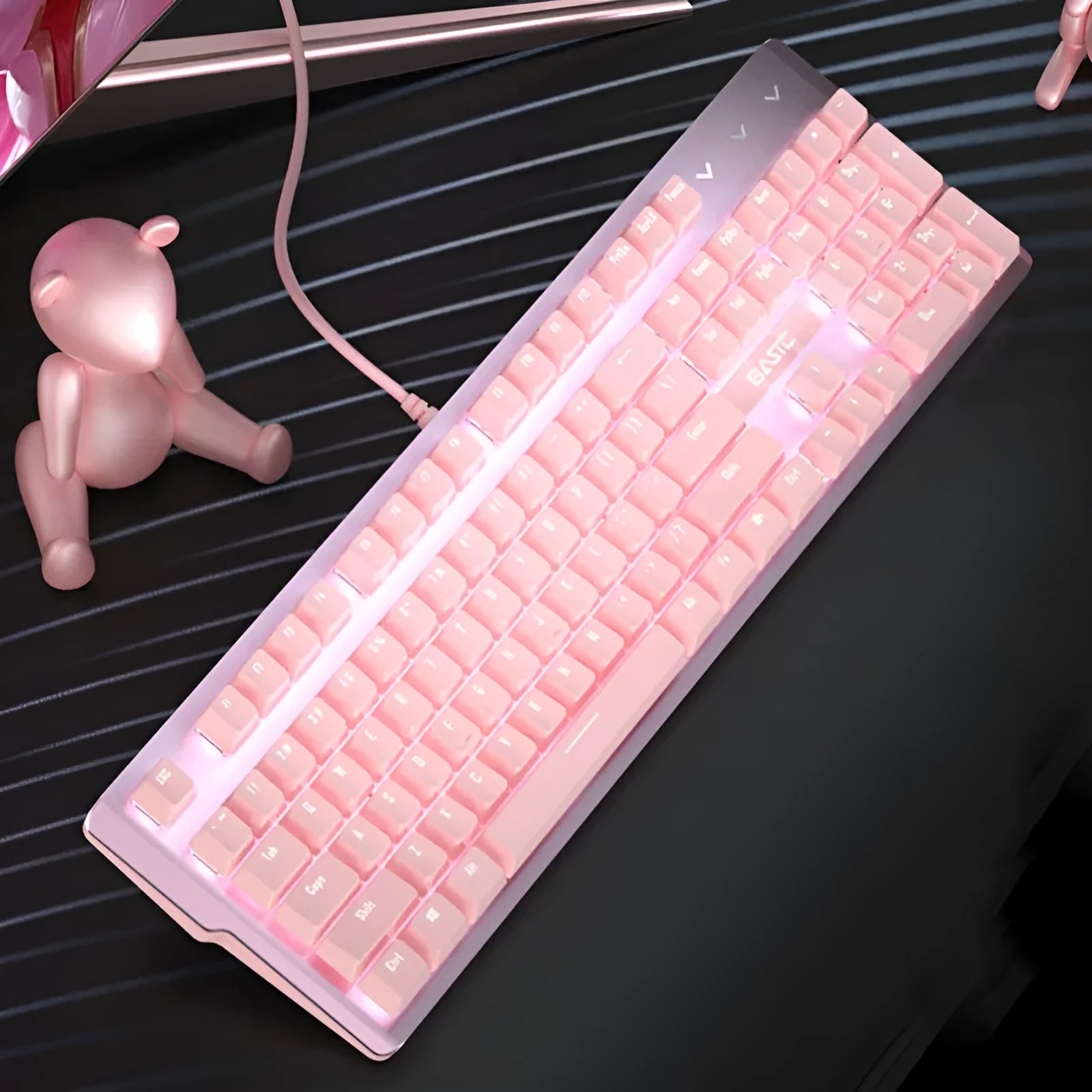 Pink mechanical keyboard and wired mouse desktop set for gaming