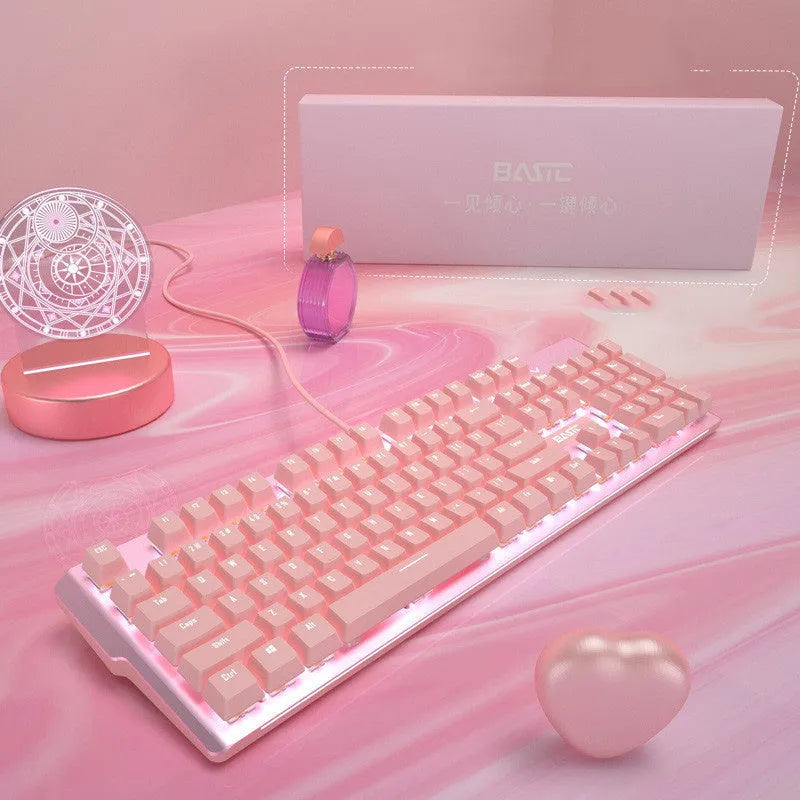 Pink mechanical keyboard and wired mouse desktop set for gaming