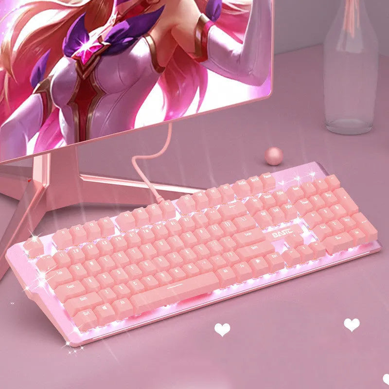 Pink mechanical keyboard and wired mouse desktop set for gaming