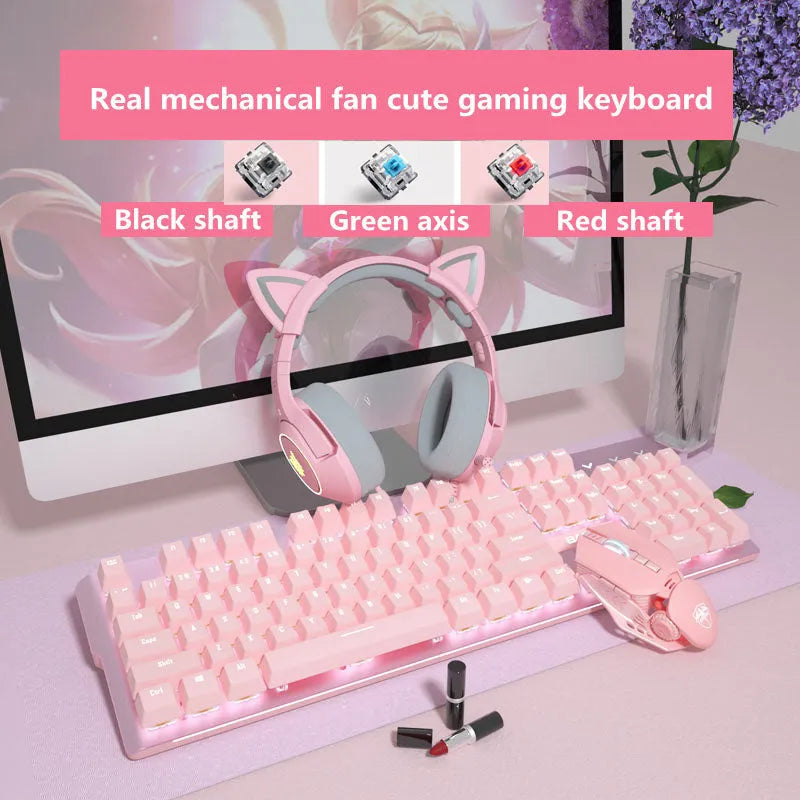 Pink mechanical keyboard and wired mouse desktop set for gaming