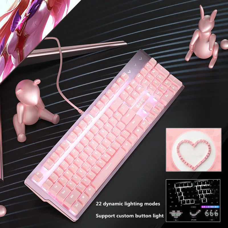 Pink mechanical keyboard and wired mouse desktop set for gaming
