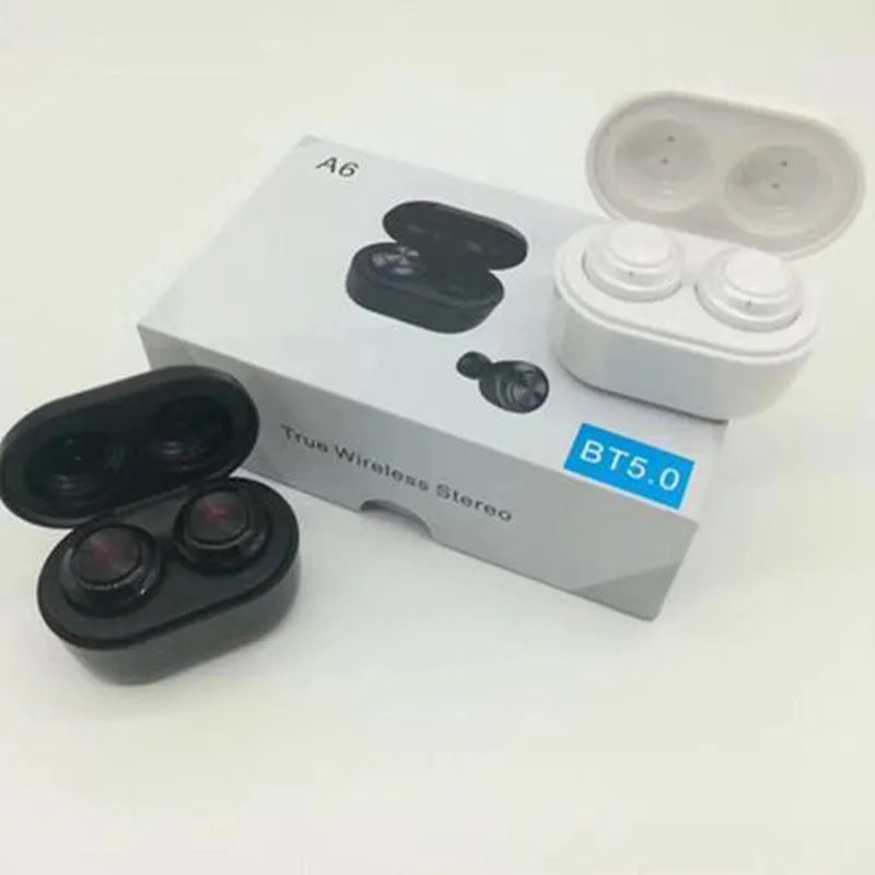 A6 model black and white TWS wireless Bluetooth earbuds with noise cancelling technology