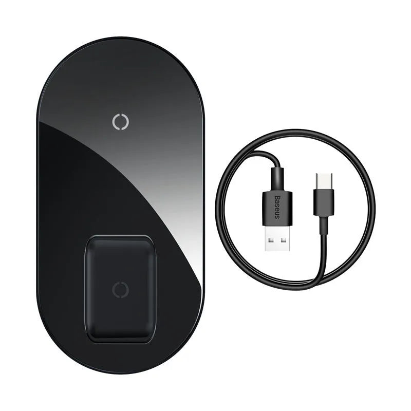 Baseus minimalist two-in-one wireless charger pro version for phones and pods in black, white, or transparent.