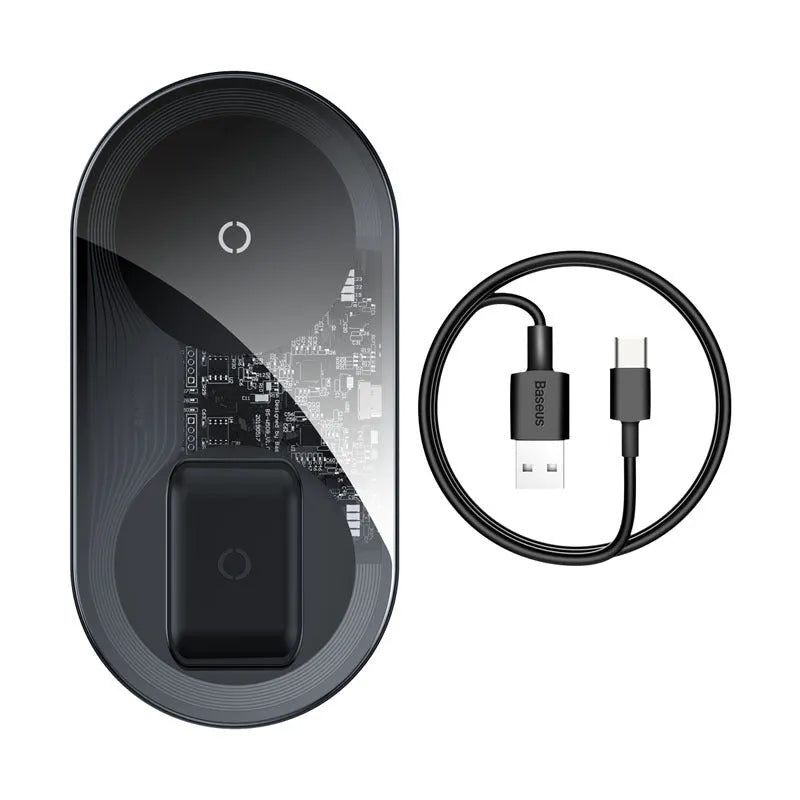 Baseus minimalist two-in-one wireless charger pro version for phones and pods in black, white, or transparent.