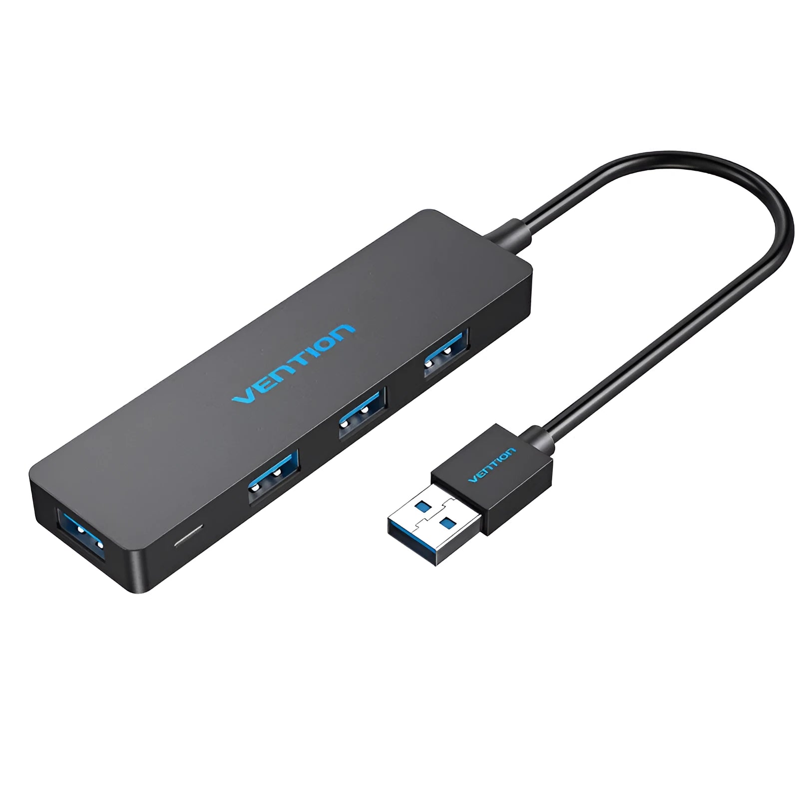 Black four-port USB 3.0 hub with 0.15 metre cable showing nickel-plated connectors