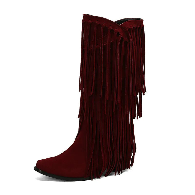Women's suede mid-calf boots with tassel detail, square toe, and short chunky heel in beige, black, brown, red, and yellow colours.