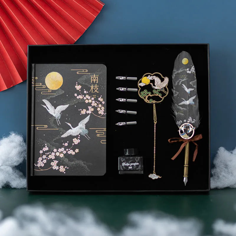 Chinese style feather pen gift set with 36 pens and notebook in four colour variations