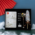 Chinese style feather pen gift set with 36 pens and notebook in four colour variations
