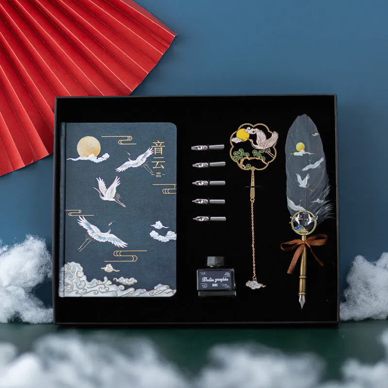Chinese style feather pen gift set with 36 pens and notebook in four colour variations