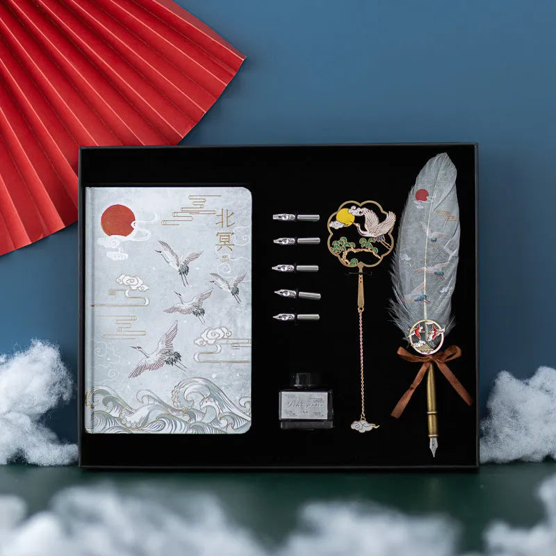 Chinese style feather pen gift set with 36 pens and notebook in four colour variations