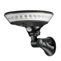 White 360-degree solar-powered outdoor light with motion sensor on a black stake for garden installation.