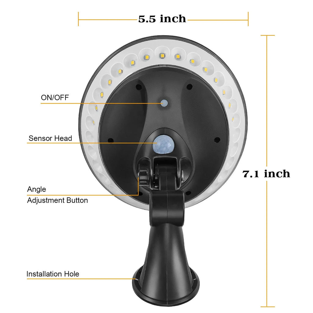 White 360-degree solar-powered outdoor light with motion sensor on a black stake for garden installation.