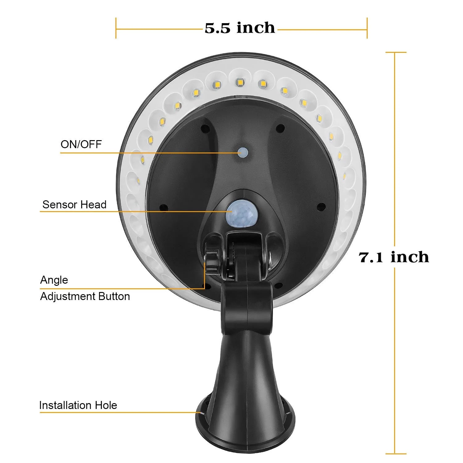 White 360-degree solar-powered outdoor light with motion sensor on a black stake for garden installation.