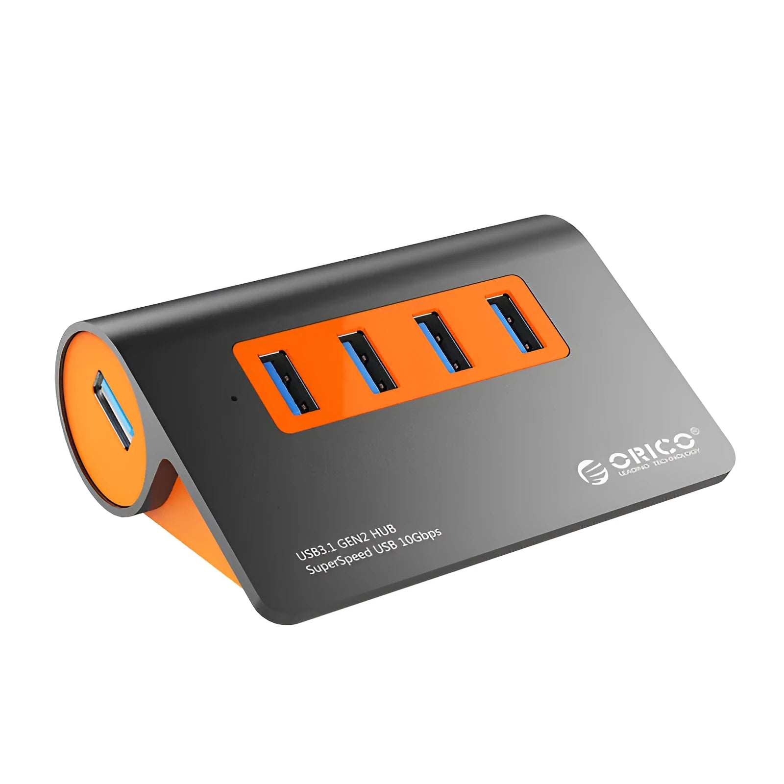 Dark grey and orange aluminium USB hub with four ports and a long black data cable.