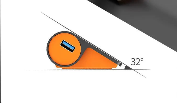 Dark grey and orange aluminium USB hub with four ports and a long black data cable.