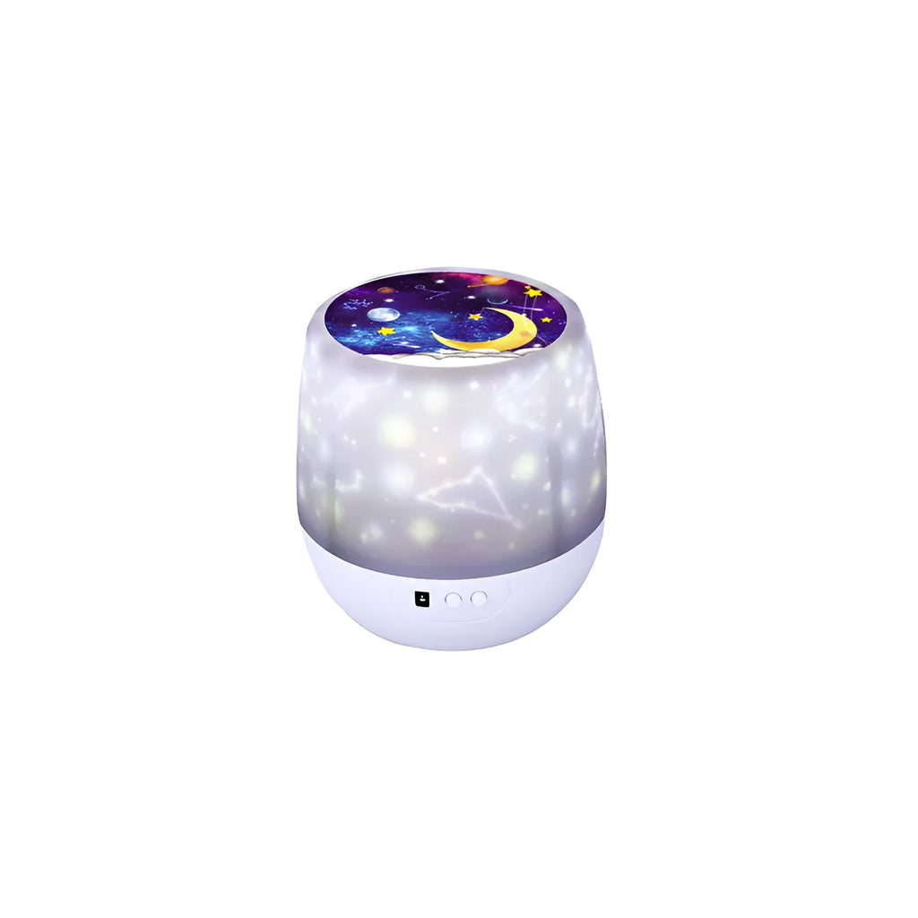 Pruixin PRX1363 LED projector night light displaying rotating star pattern on a ceiling.