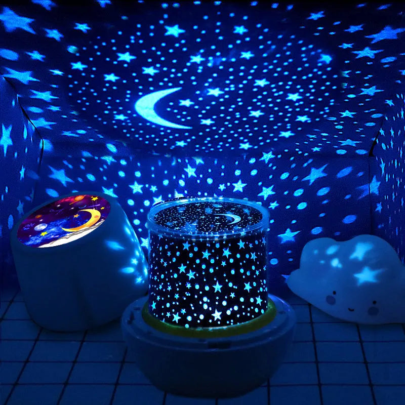 Pruixin PRX1363 LED projector night light displaying rotating star pattern on a ceiling.